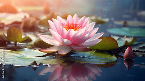 A beautiful pink waterlily or lotus flower in pond 