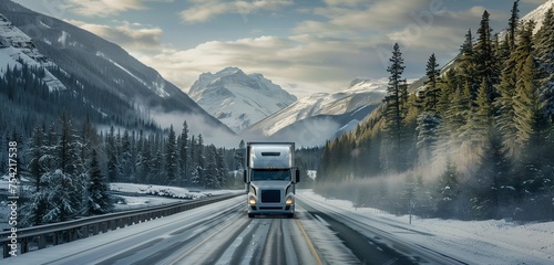 A powerful big rig navigating a winding highway against the backdrop of snow-covered mountains, the crisp winter air enhancing the rugged beauty of the North American landscape 