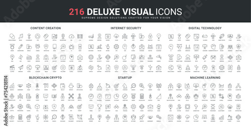 Blockchain technology and startup challenge line icons set. Data protection from hackers, machine learning and mining, video content search and creation thin black outline symbols vector illustration