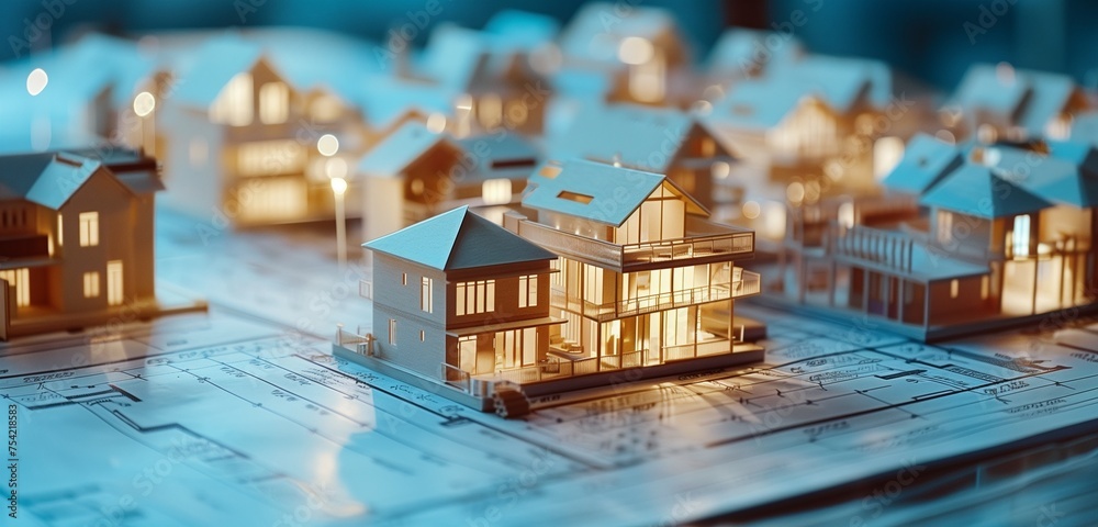 An intricate architectural model of houses showcased on a blueprint drawing, arranged in a banner layout for a building construction plan or real estate sale.