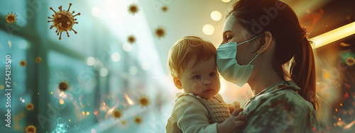 a mother with a baby in a hospital wearing protective masks photo