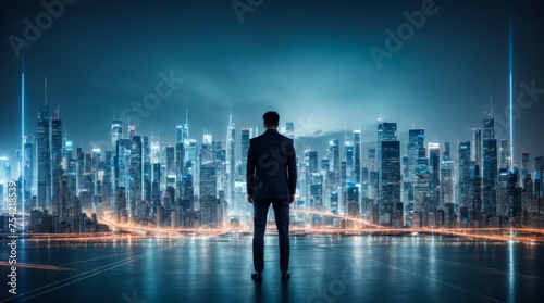 Person standing in front of digital cityscape with blueprints overlay at night
