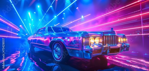 A visually striking scene of a disco party backdrop featuring a shiny vintage car illuminated by radiant blue and purple neon lights.