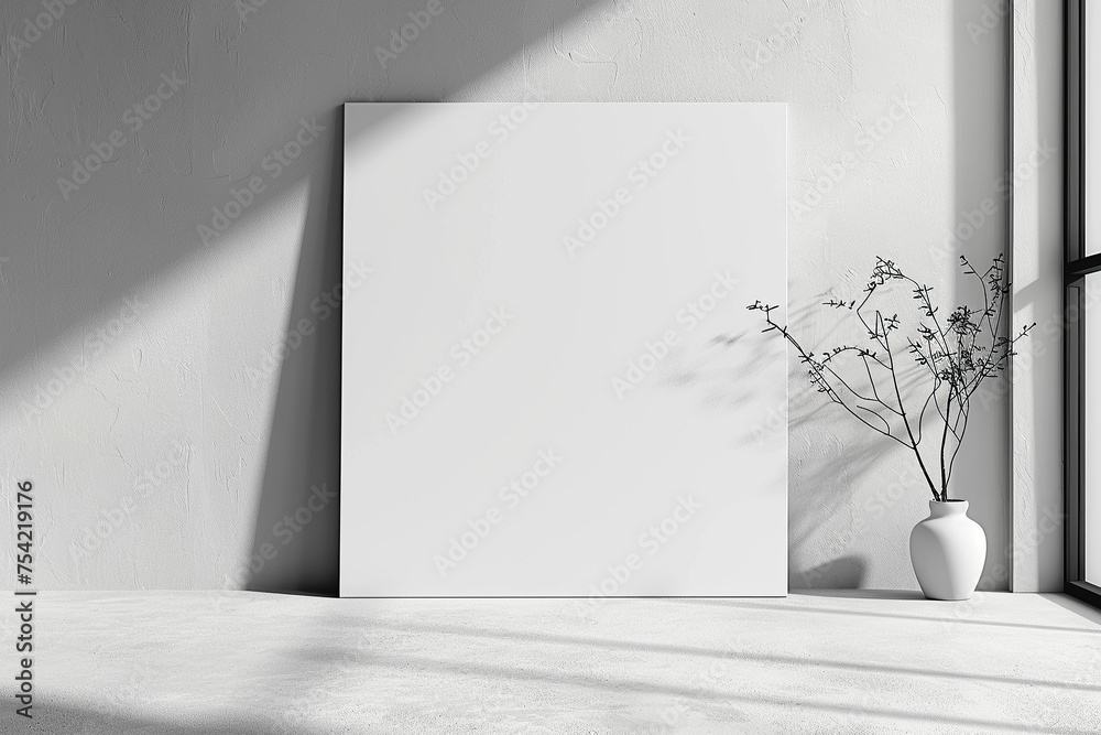 horizontal black and white image of an interior setting with an empty canvas illuminated by sunlight, mockup space. Generative AI