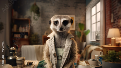 Adorable meerkat enjoys a stylish urban apartment. a