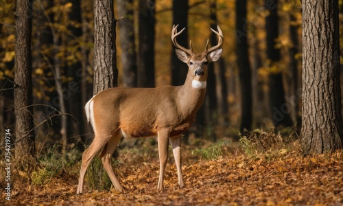 A deer is standing in a forest with leaves on the ground