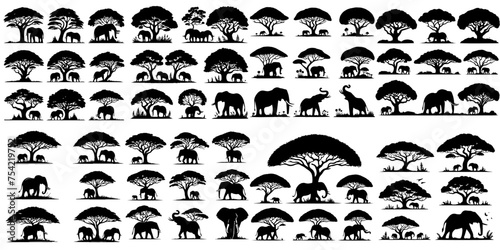 Vector set of elephants and big trees in silhouette style
