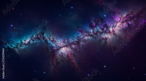 Starlit nebula swirls painted with blue and pink in a cosmic panorama 