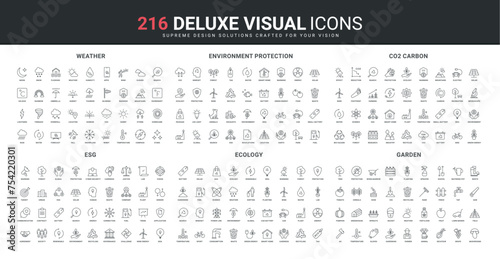 ESG, ecology and weather, garden works line icons set. Temperature and humidity forecast, green energy and recycling, CO2 footprint on environment thin black outline symbols vector illustration photo