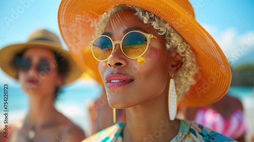 people of different ages and backgrounds apply sunscreen, wear wide-brimmed hats and sunglasses, sit on the sunny beach, help raise awareness of skin cancer and its prevention.