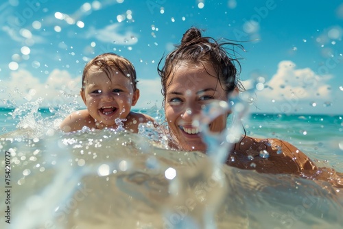 Joyful Mother with Toddler Enjoying Sunny Day Splashing in Clear Ocean Water on Tropical Beach