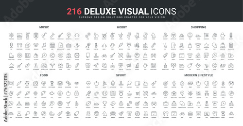 Modern lifestyle line icons set. Mobile apps thin black outline symbols for music and hobby, online shopping on sales in web store and food menu order, sports equipment and yoga vector illustration