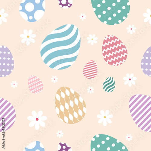 the easter flat cute seamless pattern with white flowers, colorful eggs on yellow background