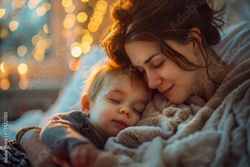 Tender Mother Embracing Sleeping Child in Warm Golden Light, Intimate Family Moments Concept