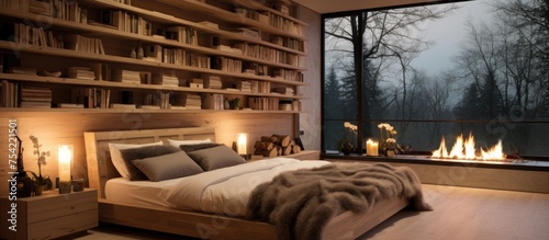 A spacious bedroom with a large bed dominating the room  complemented by a cozy fireplace. Wooden bookshelves line the walls  adorned with candles for added ambiance.
