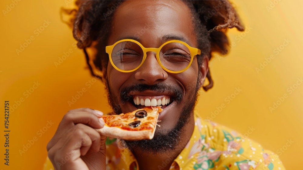 Close-up portrait of a funny bearded Afro American man in yellow glasses and colorful shirt eating pizza slice on yellow background. Cheerful guy laughing and squeezing his eyes.