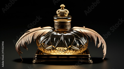 Antique Inkwell Ornate Glass Inkwell with Feather Quil