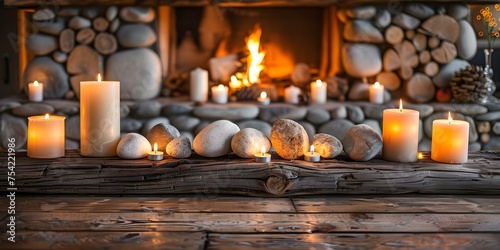 Cozy fireplace setting with lit candles in rustic wooden home interior. Concept Cozy Photoshoot, Fireplace Ambiance, Rustic Decor, Candlelit Setting, Home Interior