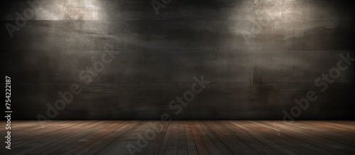 An empty room with concrete and wood walls, featuring three spotlights mounted high on the wall, casting a focused beam of light in the dark space.