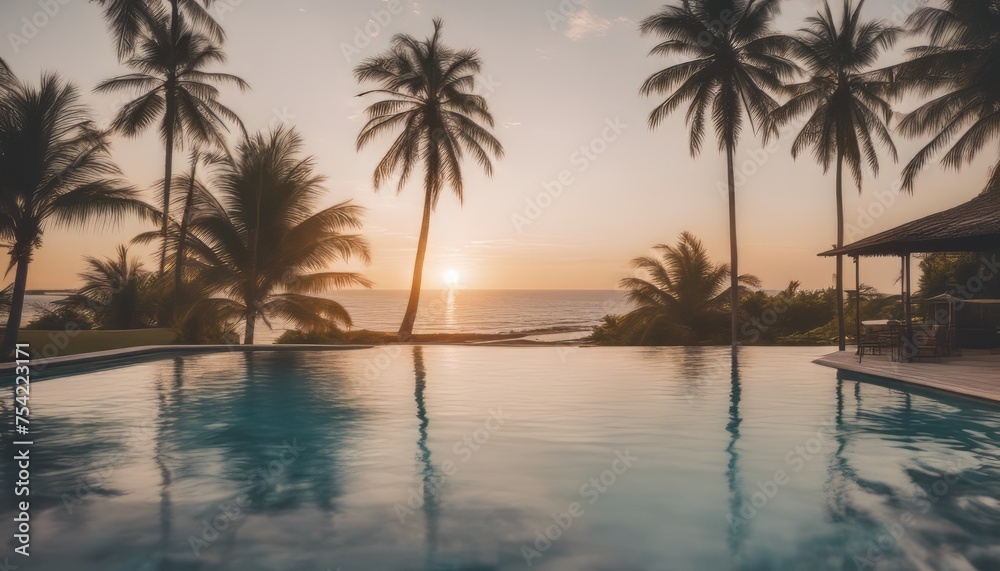 photo beautiful outdoor nature landscape with sea ocean and coconut palm tree around swimming pool
