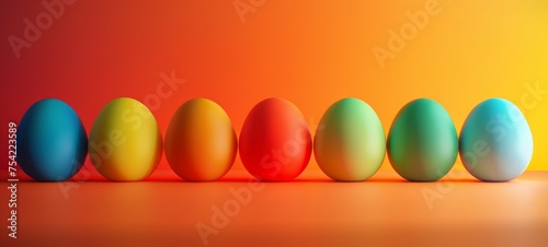 Happy Easter. A row of colorful Easter eggs on bright colorful background. Colors of rainbow. Easter decoration  banner  panorama  background with copy space for text.
