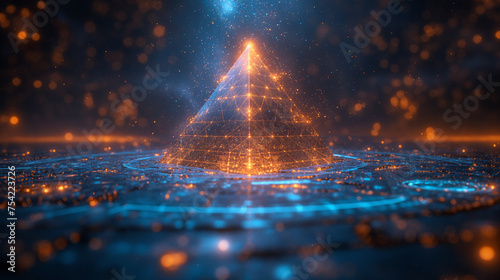 The pyramid in a digital neon circle. digital technology and technology concept.