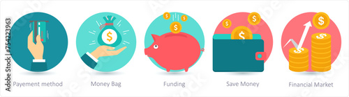 A set of 5 business icons as payment method, money bag, funding
