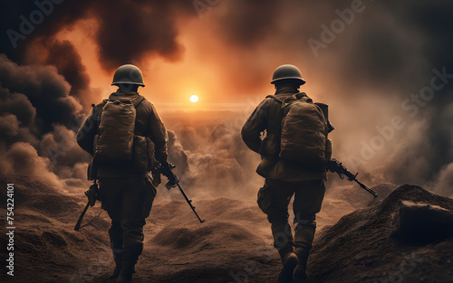 Army soldiers seen from behind in the trenches against a sunset surrounded by fire and smoke