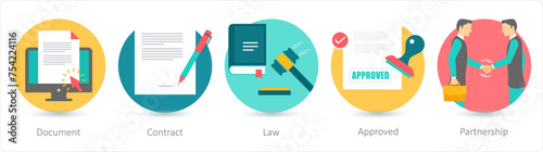 A set of 5 business icons as document, contract, law