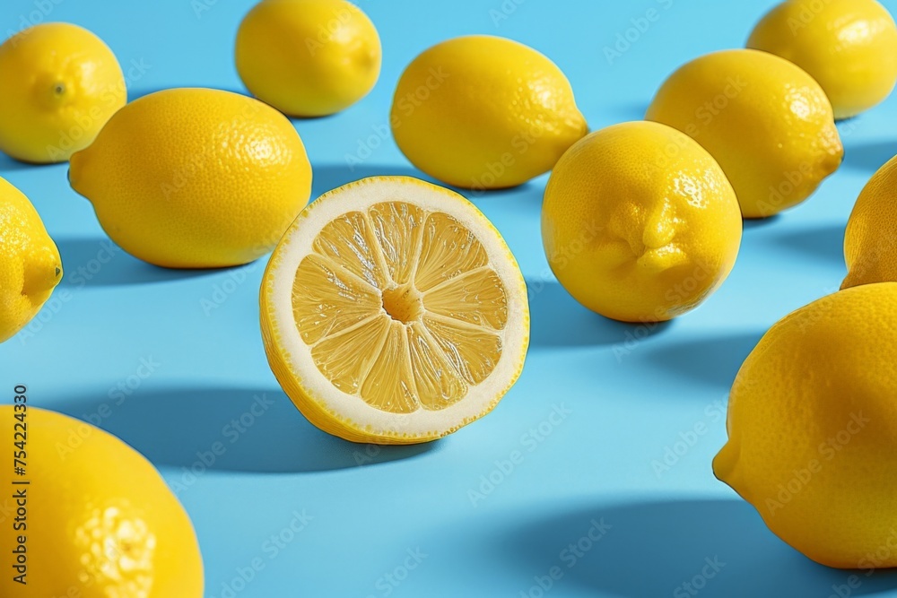 Fresh lemons on blue surface, one halved in middle Bright, vibrant citrus fruits Vitamin C source Sweet and sour flavor Health benefits Summer vibes