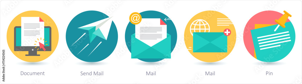 A set of 5 business icons as document, send mail - obrazy, fototapety, plakaty 