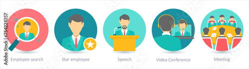 A set of 5 business icons as employee serach, star employee, speech
