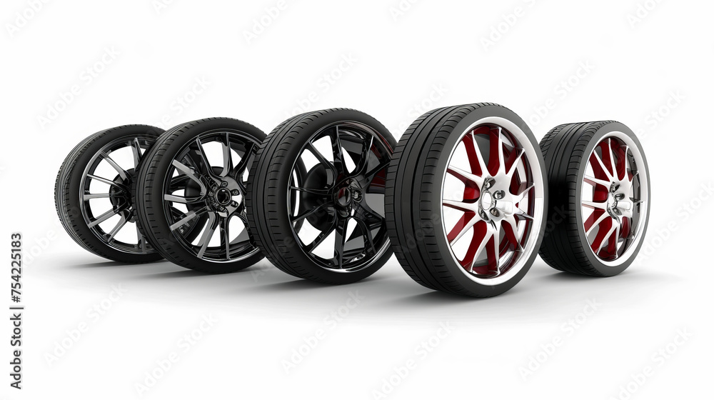 four car's wheel with aluminium rim, free space, copy space, isolated on white