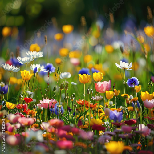 Outdoor scenery featuring a range of blooming flowers, such as poppies, in a natural setting. Various lively flower types in full bloom.