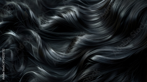 A close-up view of wavy long dark shiny hair. Hair texture