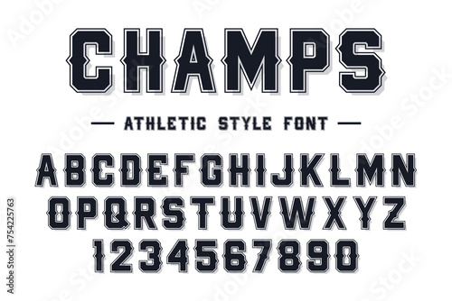 American college classic font. Vintage sports font in American style for T-shirt designs for football, baseball, and basketball teams. College, school and varsity style font, tackle twill. Vector photo