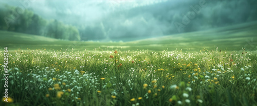 Plants and flowers are blooming in a meadow with mountains in the background, creating a peaceful and picturesque outdoor landscape. The addition of fog enhances the serene atmosphere.