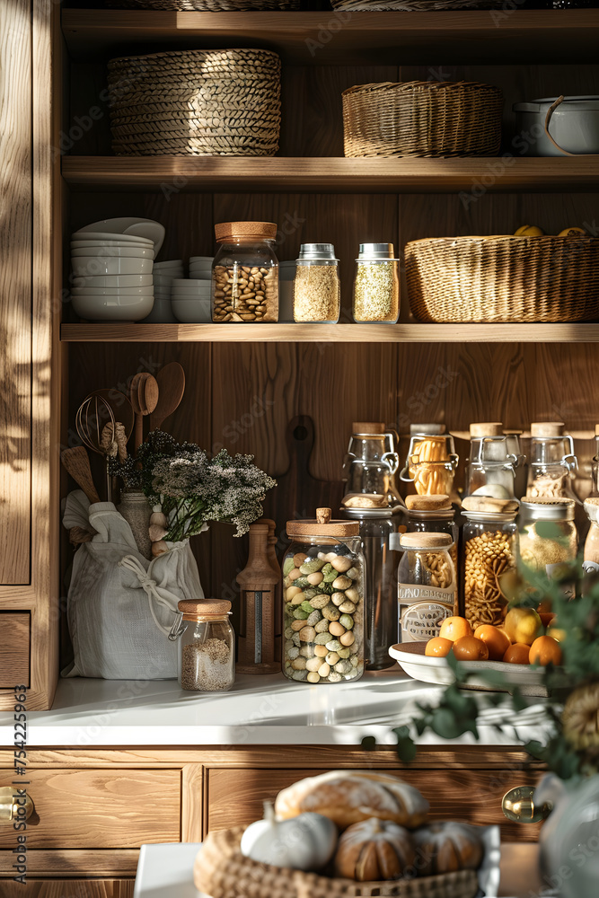 The kitchen pantry is filled with brown jars and baskets of food neatly organized on wooden shelving. The interior design features a rectangleshaped room with serveware displayed on the shelves