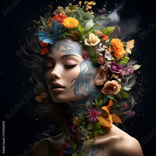 Mother Earth as a blossoming figure, adorned with flowers
