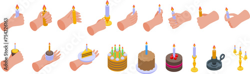 Hand holding candle icons set isometric vector. Scented wax holiday. Human dark light