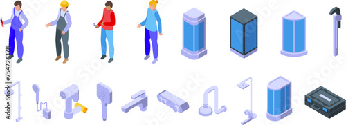 Fixing broken shower icons set isometric vector. Plumber worker. Service repair