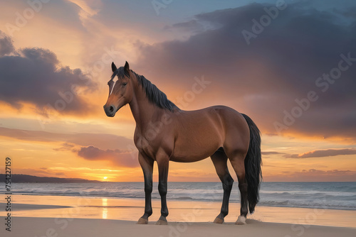 Scenic Sunset: Majestic Brown Horse Gracefully Adorns Sandy Beach Beneath Vibrant Sky.  © Happy Hues