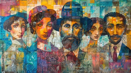 A vivid tapestry of faces, a celebration of Jewish American heritage, melding history and modernity in a vibrant mural. photo