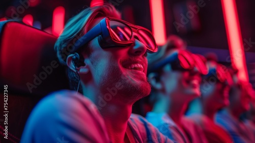 A group of people experiencing a 3D movie, illuminated by vibrant red and blue lights that reflect the immersive technology, enhancing the shared cinematic adventure.