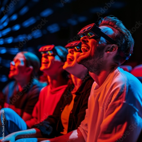 A group of cheerful friends wearing 3D glasses sitting in the cinema and laughing a lot. Happiness emotion.