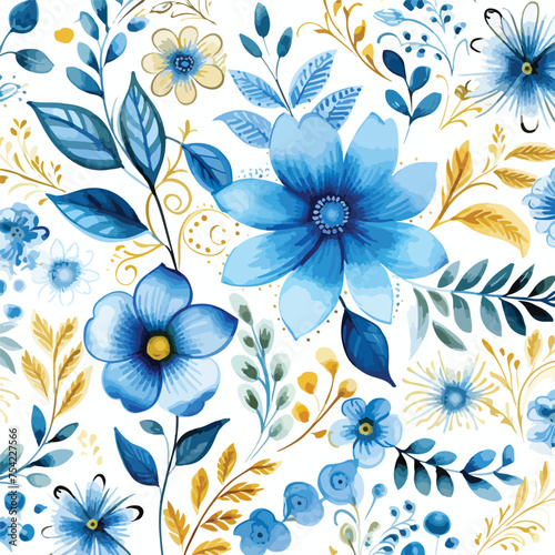 Watercolor seamless pattern with flowers and leaves