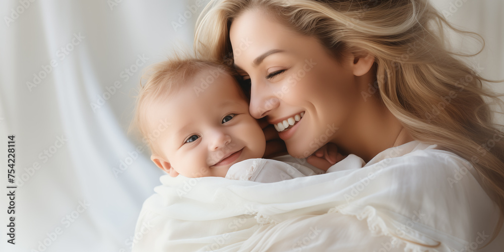Beaufiful mother holding newborn child. Banner with copyspace. Shallow depth of field. Beaufiful mother holding newborn child. Banner with copyspace. Shallow depth of field.