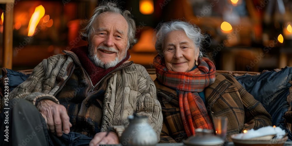 A senior man and woman enjoy a cozy chat by a fire. Concept Elderly Couple, Cozy Conversation, Fireplace Ambiance, Quality Time