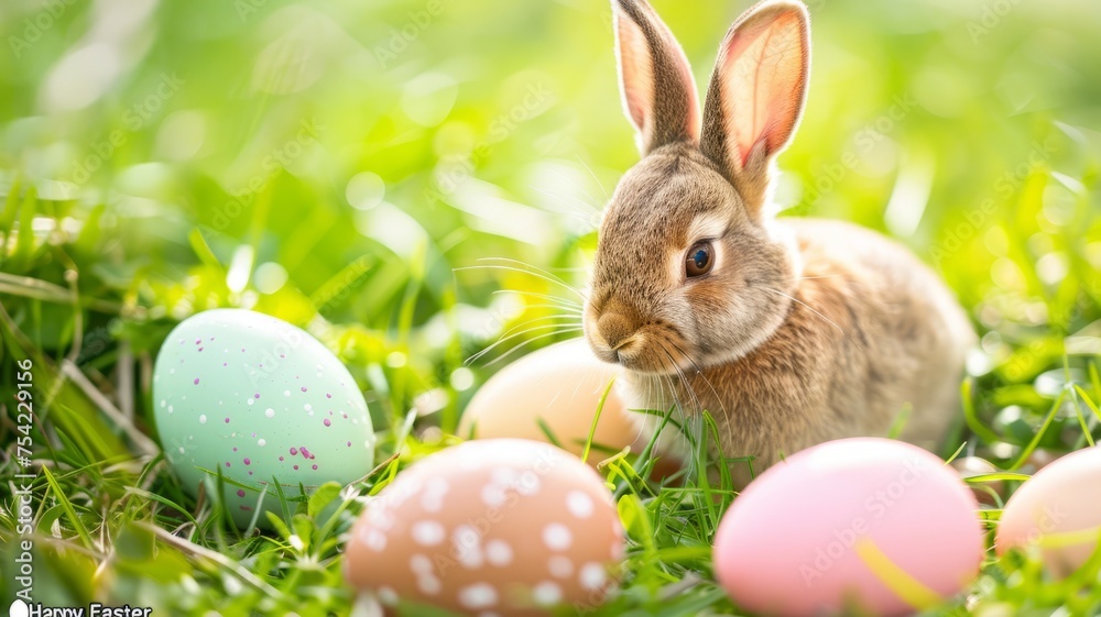 Little cute bunny and colorful Easter eggs in the spring green grass. Easter decoration, banner, background with copy space for text. Happy Easter. Little cute bunny and colorful Easter eggs in the spring green grass. Easter decoration, banner, background with copy space for text. Happy Easter.