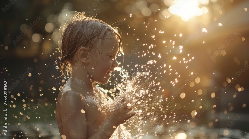 In a magical Arbor Day moment, a young child plays with water, surrounded by the sparkles of light, celebrating life's simple pleasures.